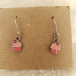 2/ $9 Cute Pink Cupcake Dangle Earrings Sterling Silver